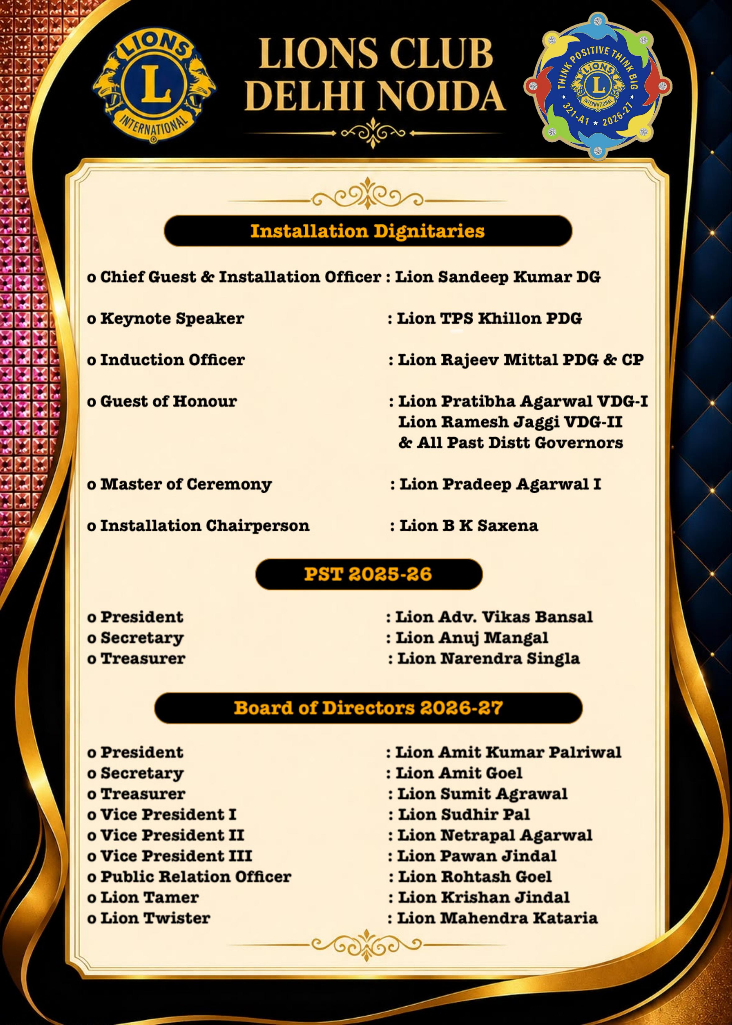 Installation Dignitaries - Board of Directors 2026-27